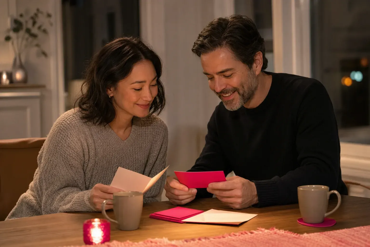 One partner reading a wish card their partner wrote for them