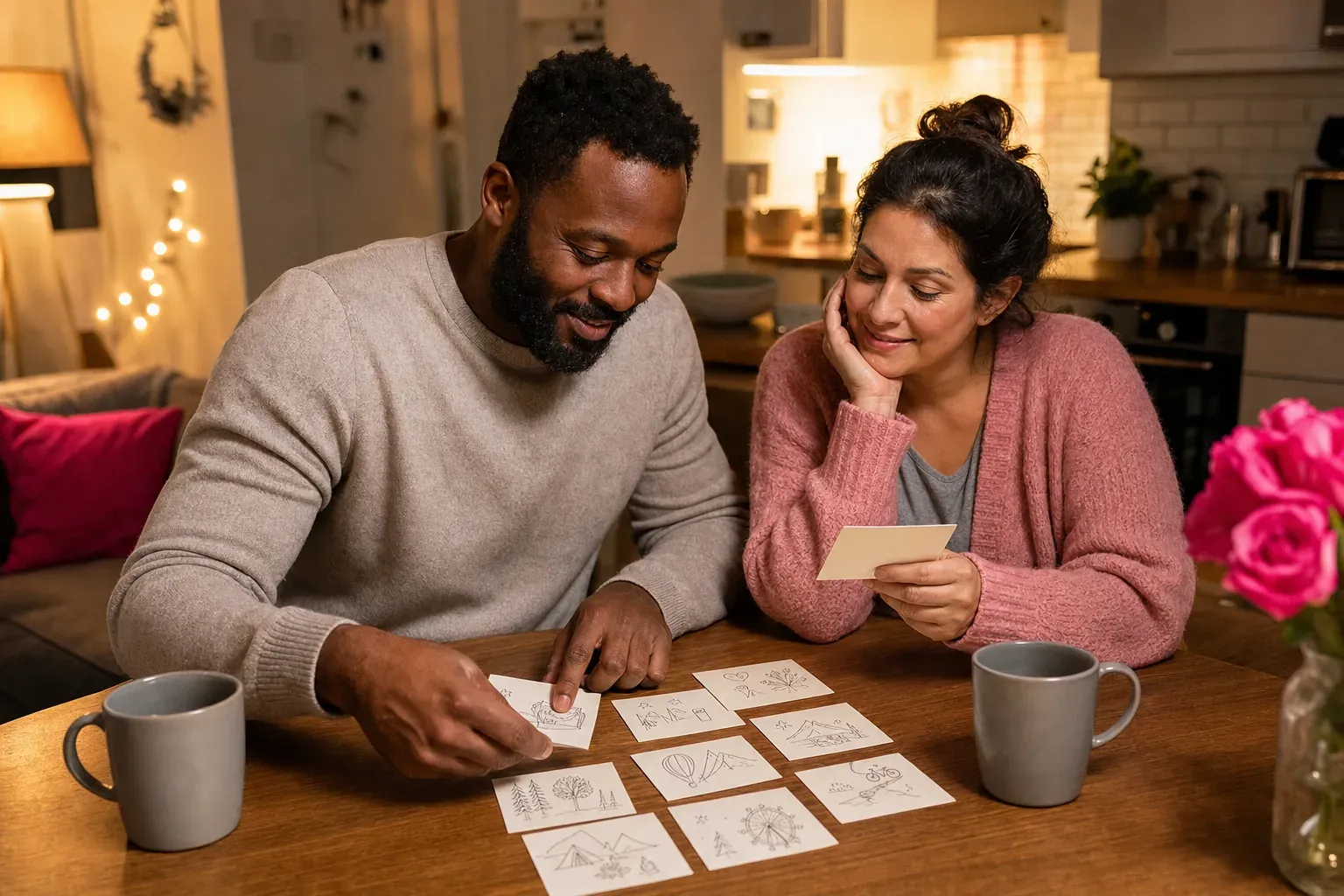 Couple choosing fun date night ideas at home