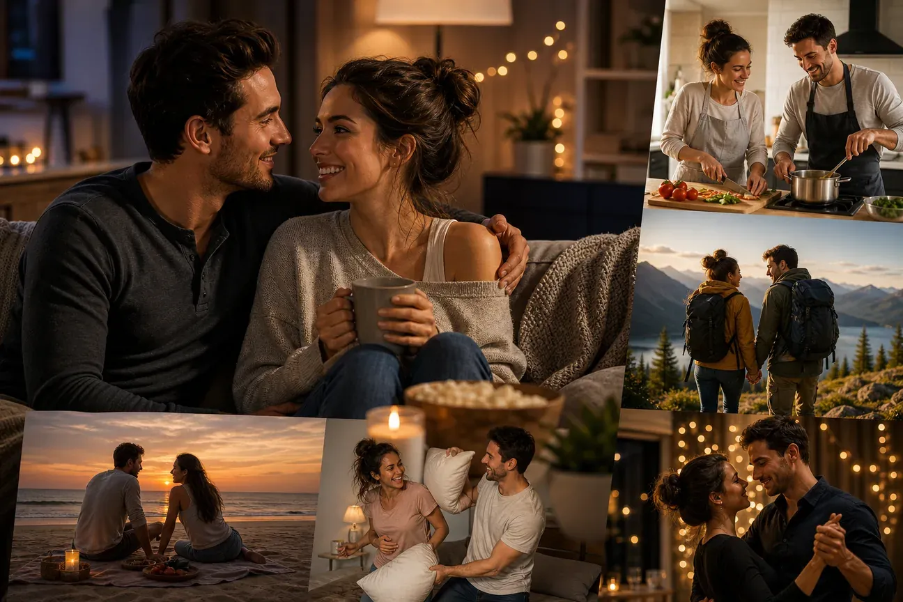 A collage of couples at home - talking on the sofa, cooking, walking outdoors, sharing a quiet evening