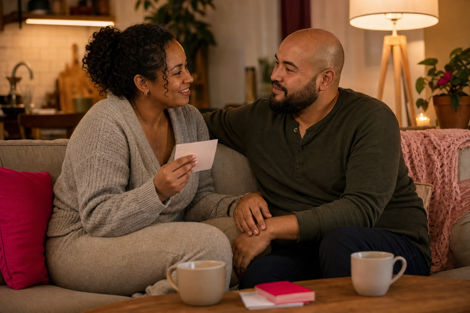 Couple using thoughtful questions to feel closer again at home.