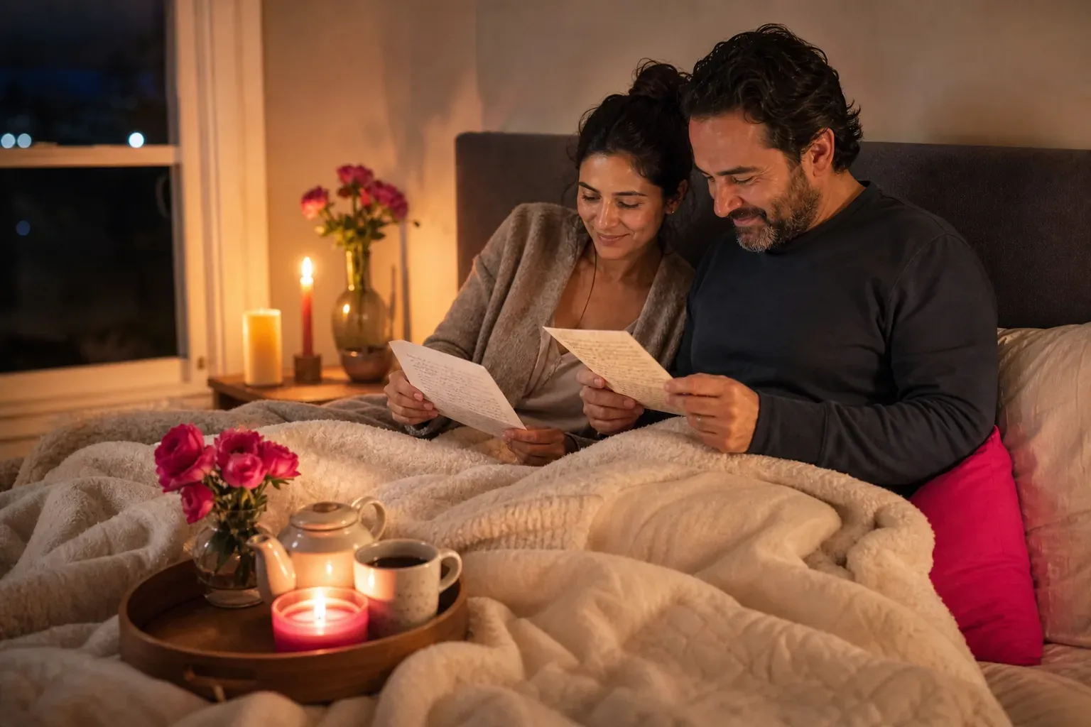 A couple writing bucket list ideas onto cards at home