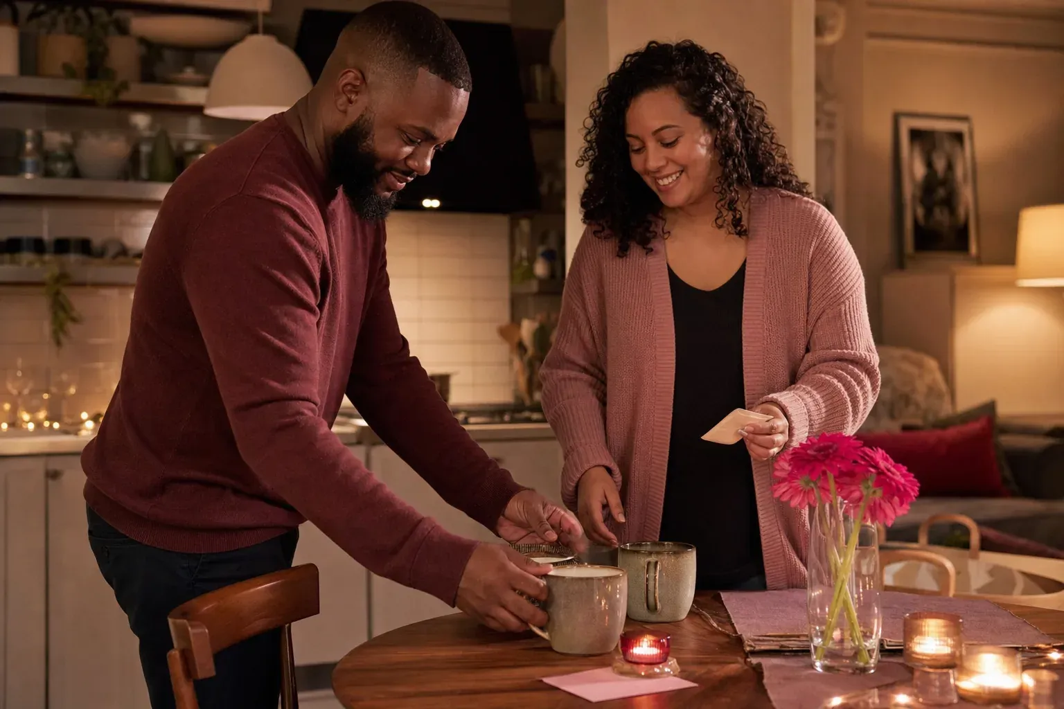 A couple preparing a surprise date night at home